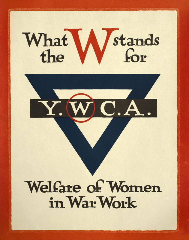 Triangle logo of YWCA, text; red, white, blue