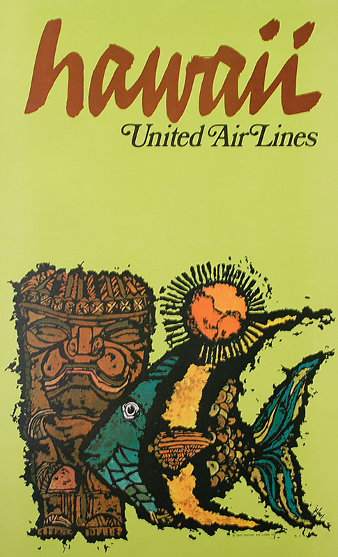 Fish, native mask and sun; blue, brown, green
