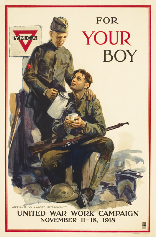 Soldier receives coffee from YMCA aide; brown, gray