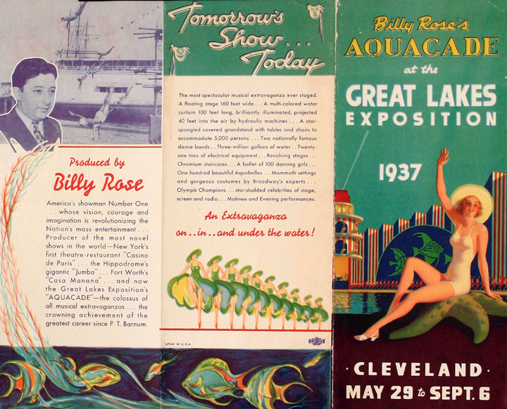 Woman in bathing suit against Cleveland exposition; teal, blue, green, red