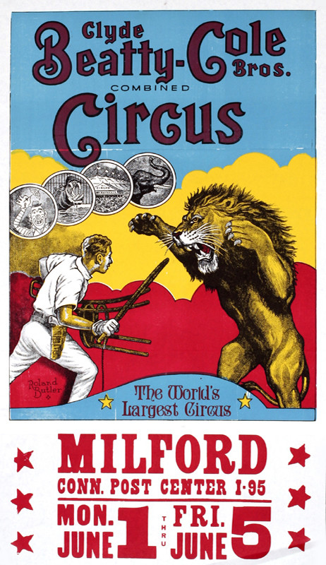 Lion tamer with chair and club duels with roaring lion; yellow, blue, red