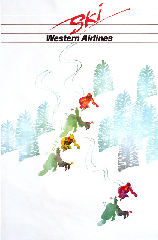 Several skiers on slopes, trees; green, blue, red