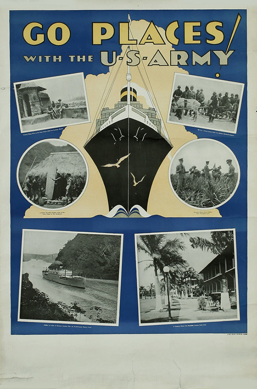 Bow of ship surrounded by images of international locales; blue, yellow