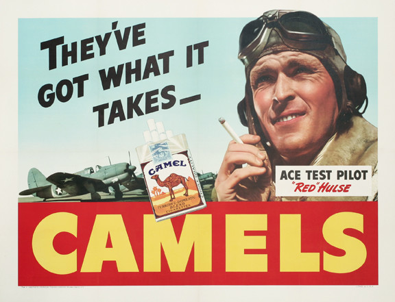 Airman smokes Camel, fighter planes in background; red, yellow, blue