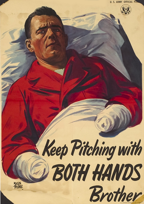 Man with both hands amputated rests in bed; red, gray