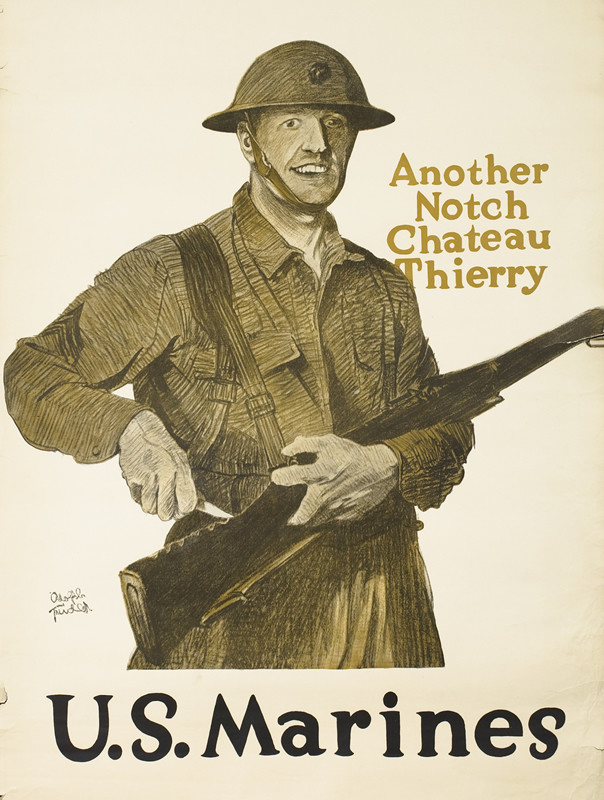 Marine carves notch into butt of his rifle; grey, brown