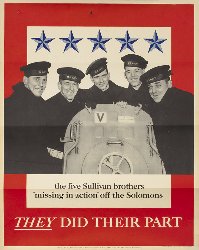 The five Sullivan brothers on board Juneau; red, black, blue