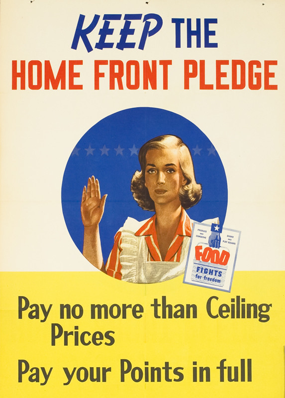 Woman in apron holds up hand in pledge; red, blue, yellow