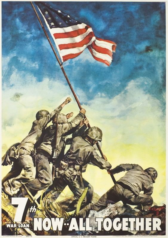 U.S. Marines raising the American flag at Iwo Jima; blue, red, green