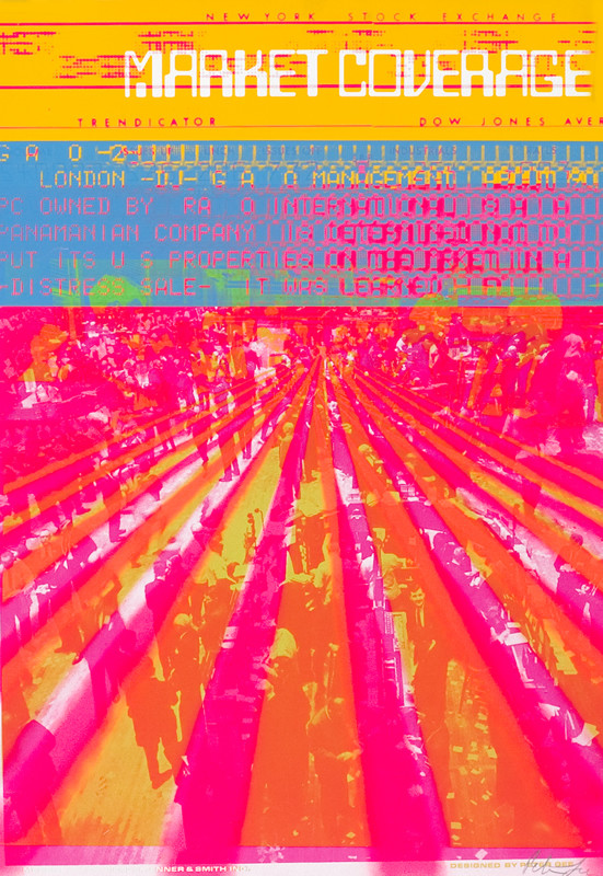 Photomontage of stock traders with light rays and digital news board; pink, blue, gold