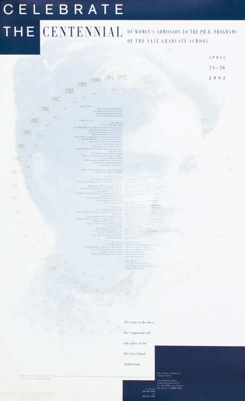 Portrait photograph of woman, text, and calendar of events at Yale; blue, white