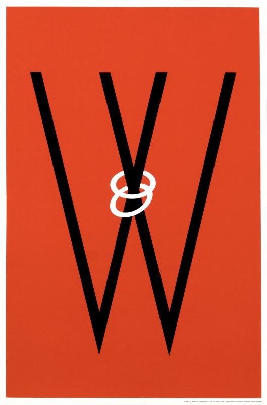 Two "V" shapes held together by two rings create letter "W"; red, black
