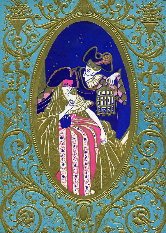 Ornate scrollwork, masked man holds lantern to woman in masquerade dress, text on verso; green, gold, pink, purple