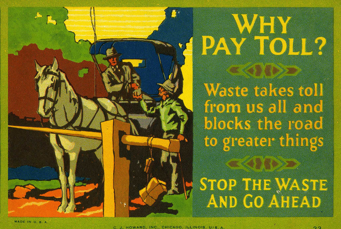 Man in horse and buggy pays toll to man at gate; green, orange, blue