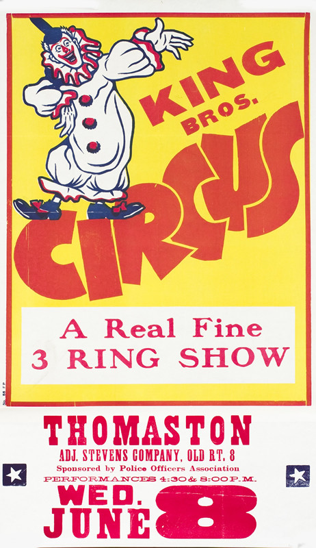 Clown gesturing, text; yellow, blue, red