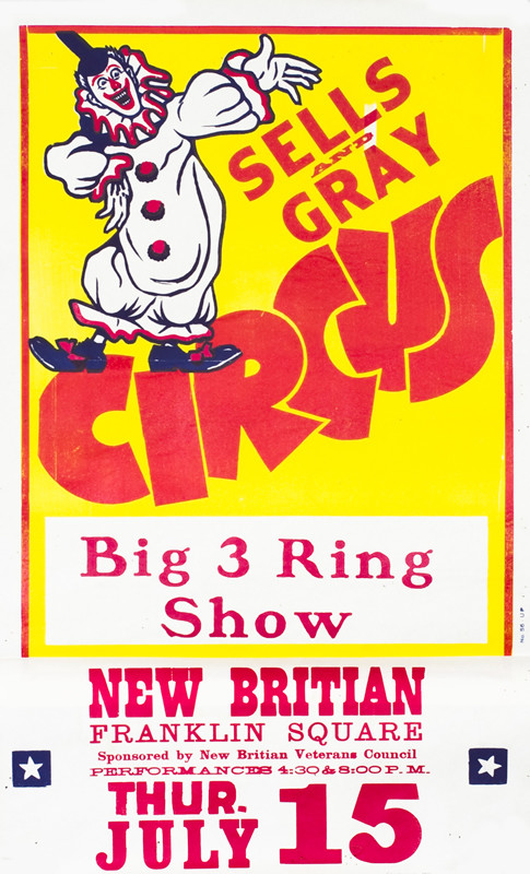 Clown gesturing, text; yellow, red, blue