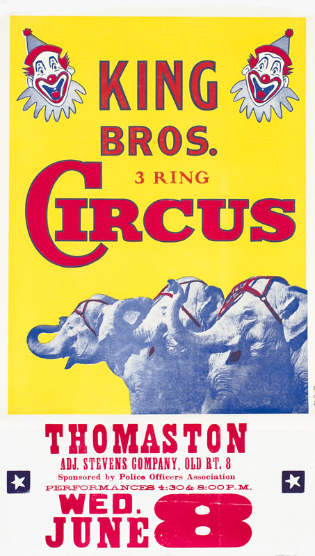 Three elephants trumpeting, cartoon clowns in upper corners; blue, red, yellow