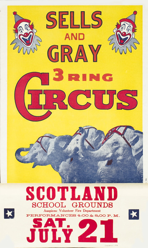 Three elephants trumpeting, cartoon clowns in upper corners; blue, red, yellow