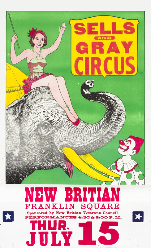 Woman seated on elephant as clown looks on; green, red, yellow
