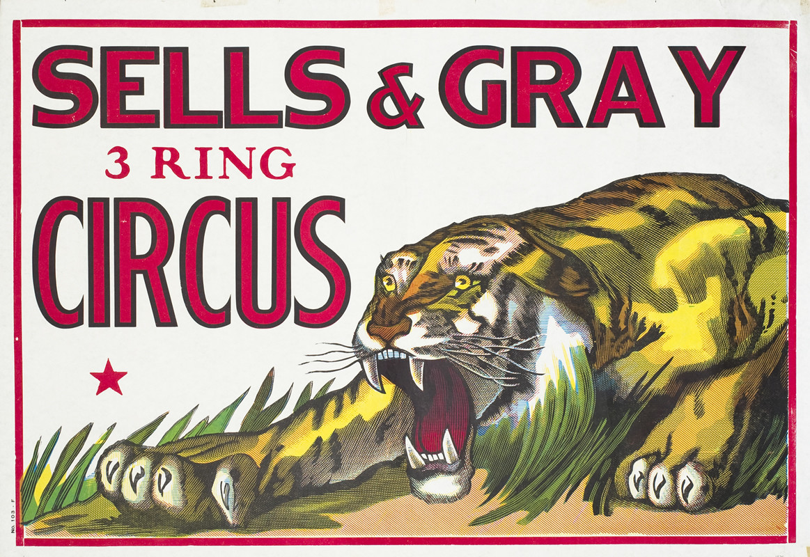 Crouching tiger roaring; red, yellow, green, brown