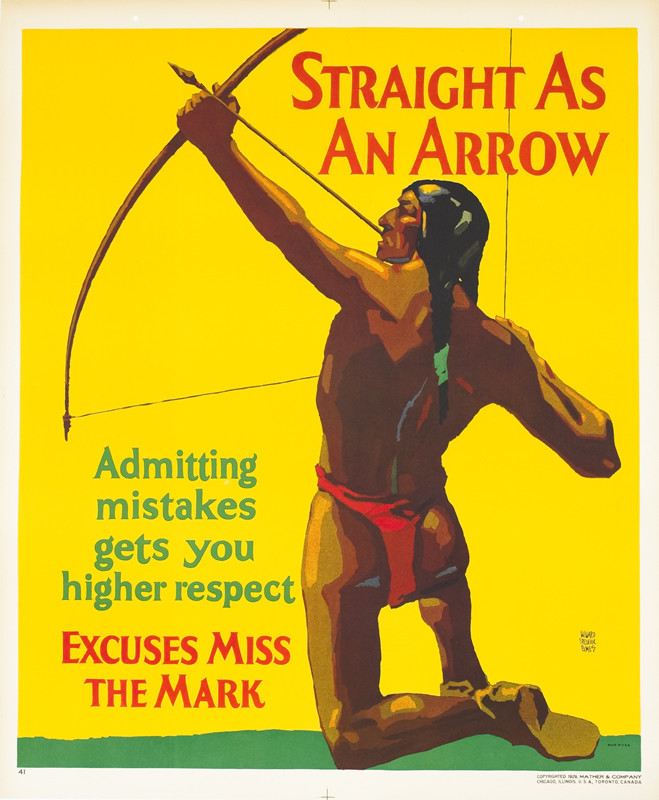 American Indian in loincloth aims bow and arrow; yellow, brown, red, green