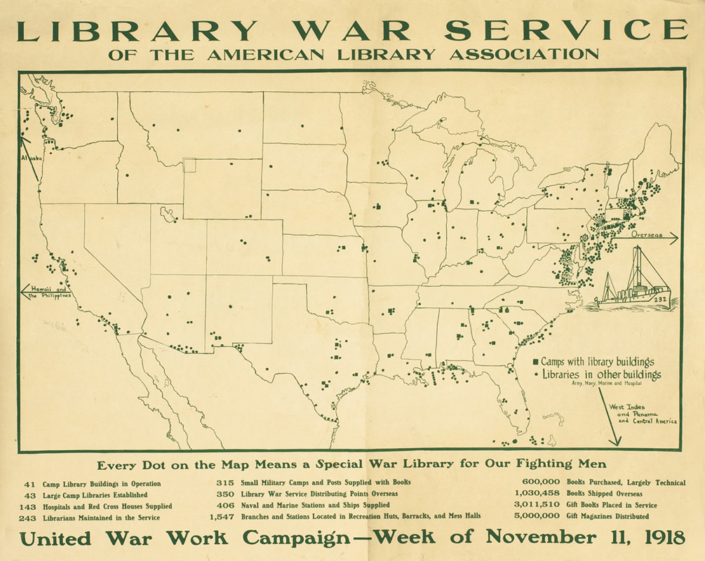 Map of America with locations of war libraries noted; green