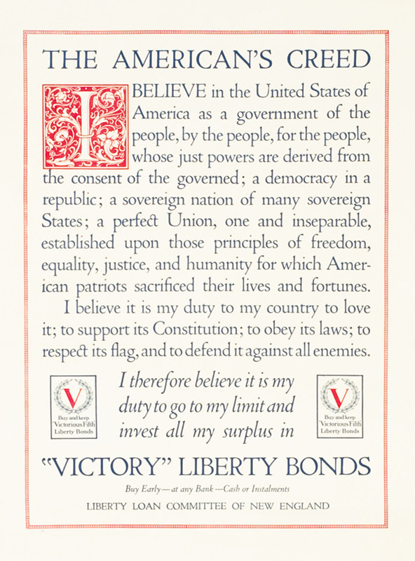 Letters with scrollwork, V emblem with wreath, text; red, blue