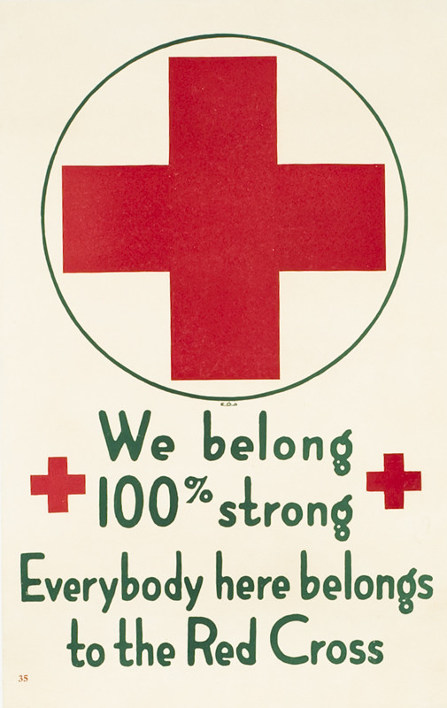 Red cross, two red crosses underneath, text; red, green