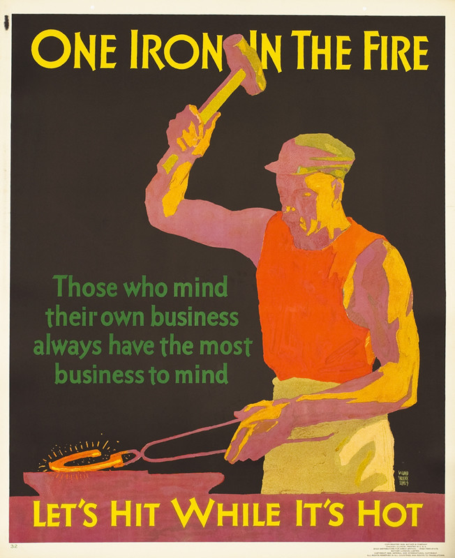 Blacksmith raises hammer above horseshoe; black, red, green