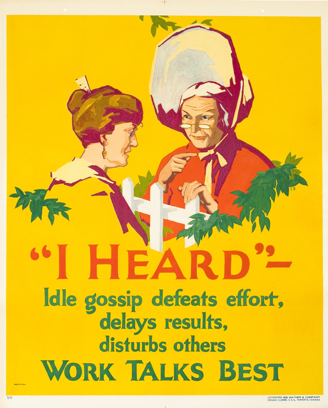 Two women, one wearing a bonnet, gossip over a fence; yellow, green, red