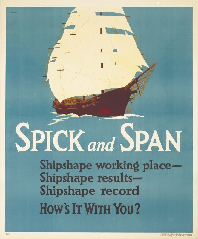 Ship with sails glides through the water; blue, white