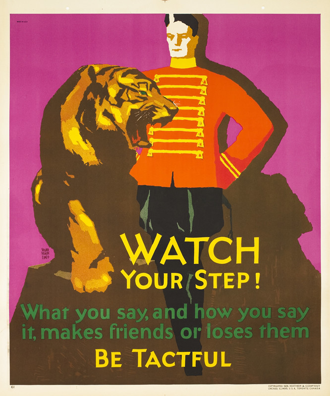tiger growls next to circus ringmaster; brown, pink, orange