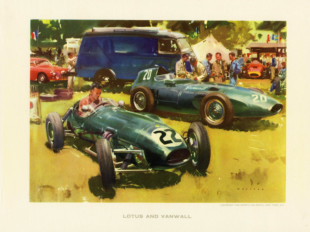 Men admire Lotus and Vanwall cars on grounds at auto show; blue, green, brown