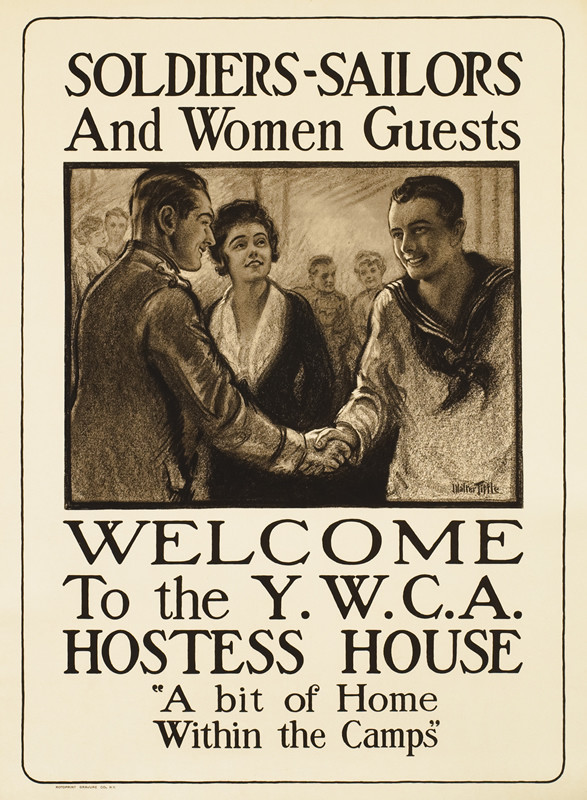 Sailor and soldier shake hands, woman looks on; black, white