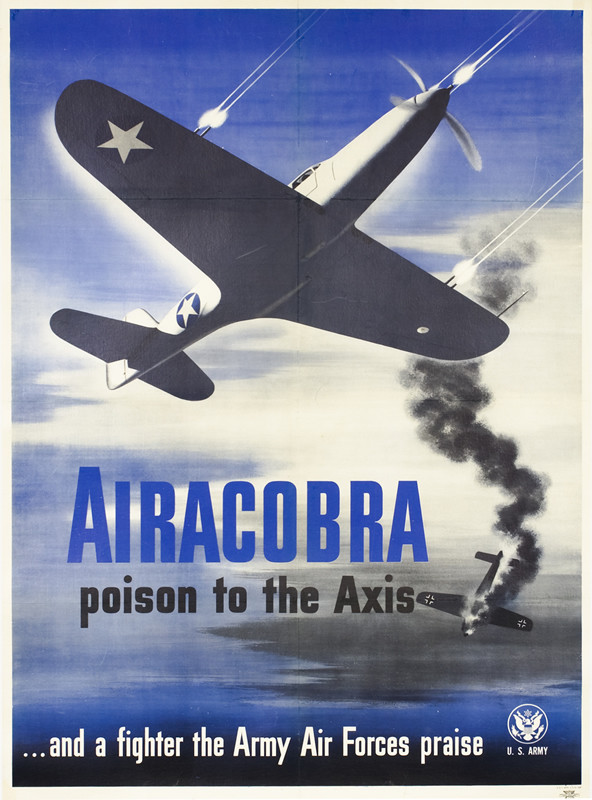 Airacobra fighter plane flies high, smoking Nazi plane falls through sky; black, blue, white