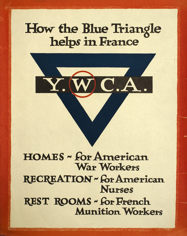 Triangle logo of YWCA, text; red, white, blue