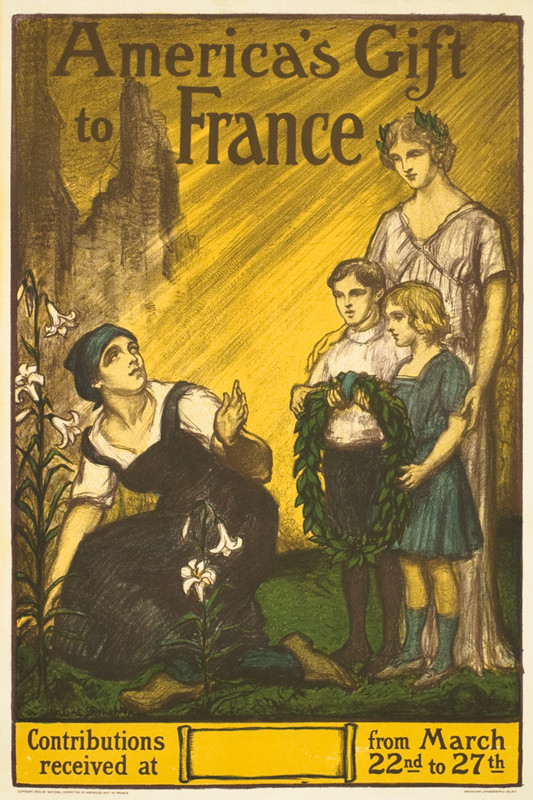 Female personification of America with children present laurel wreath to French woman; yellow, green, brown