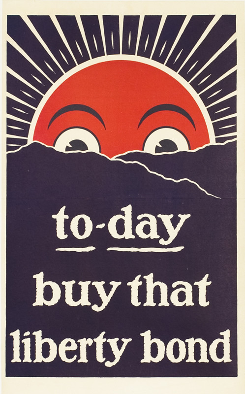 Cartoon sun rising over hilly horizon with eyes wide open; purple, orange, white