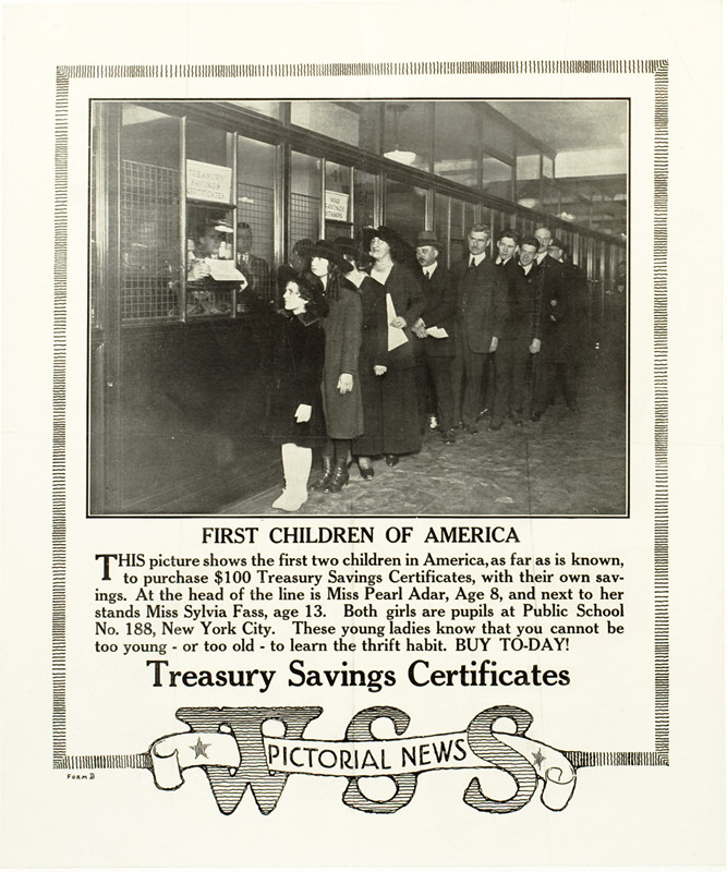 Two girls head line of adults waiting to buy treasury savings certificates at bank; black, white