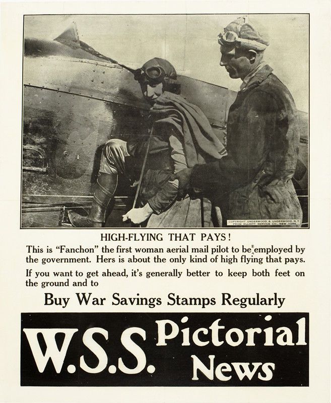 Female aerial mail pilot climbs into plane; black, white