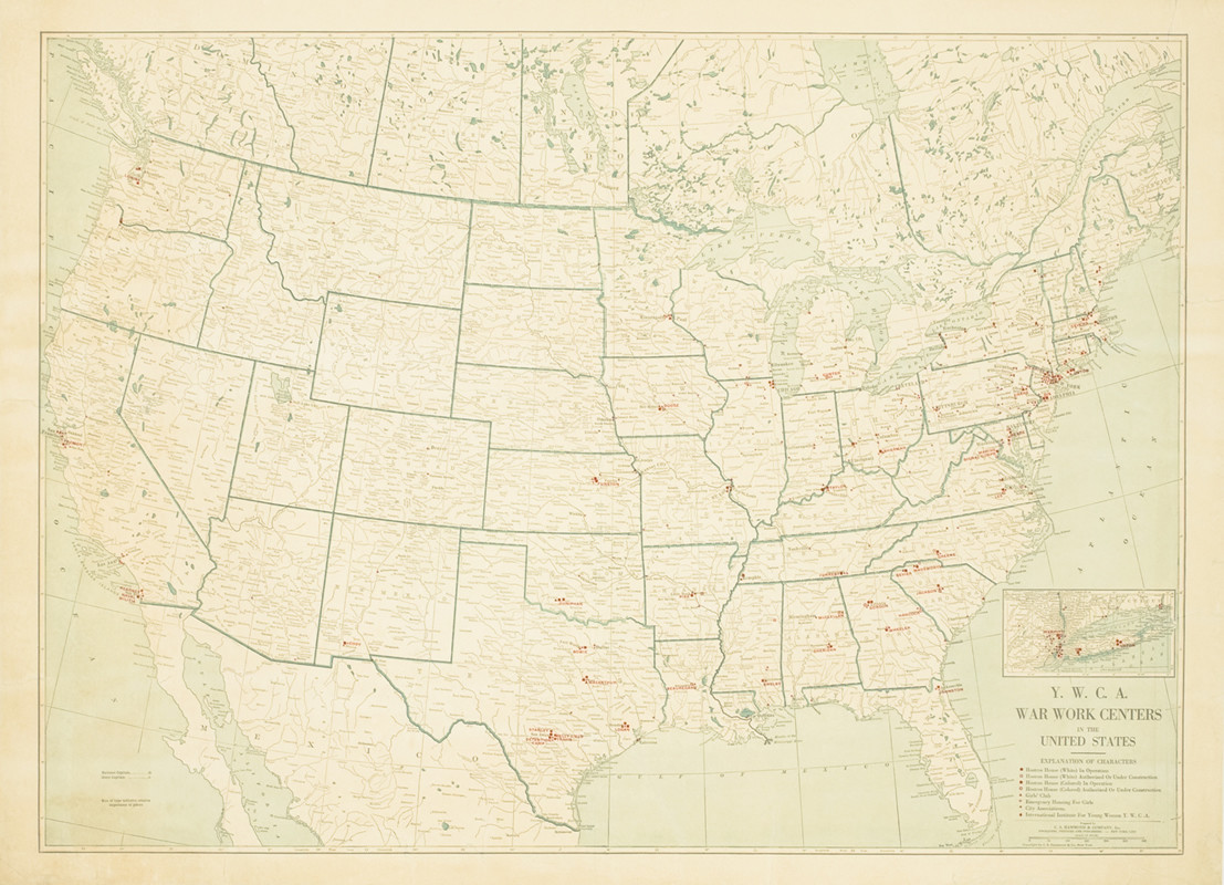 Map of United States with YWCA locations marked; blue, white, black