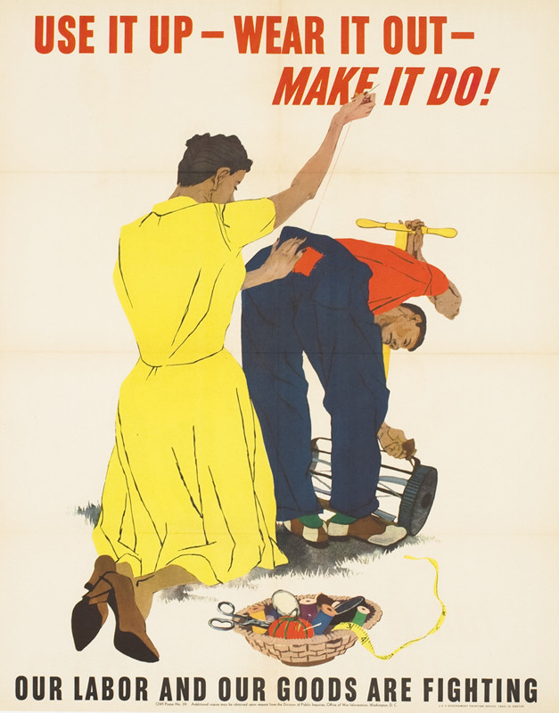 Woman stitches a patch onto her husband's pants while he mows the lawn; blue, yellow, red, white