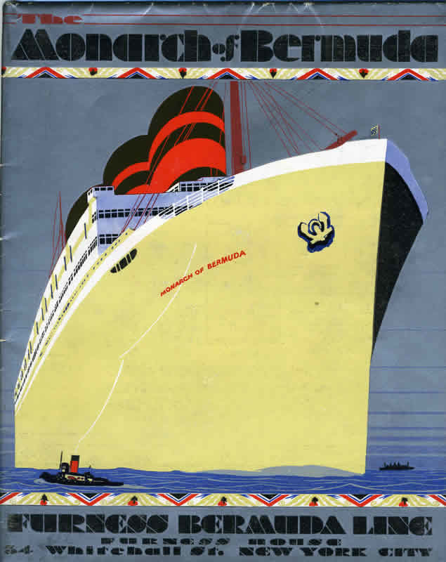 Hull of grand ocean liner glides through sea accompanied by tug boats; silver, red, yellow, blue