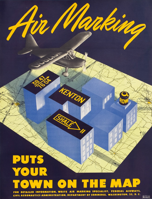 Buildings with lettering on roofs, map below, plane flying above; blue, yellow, green