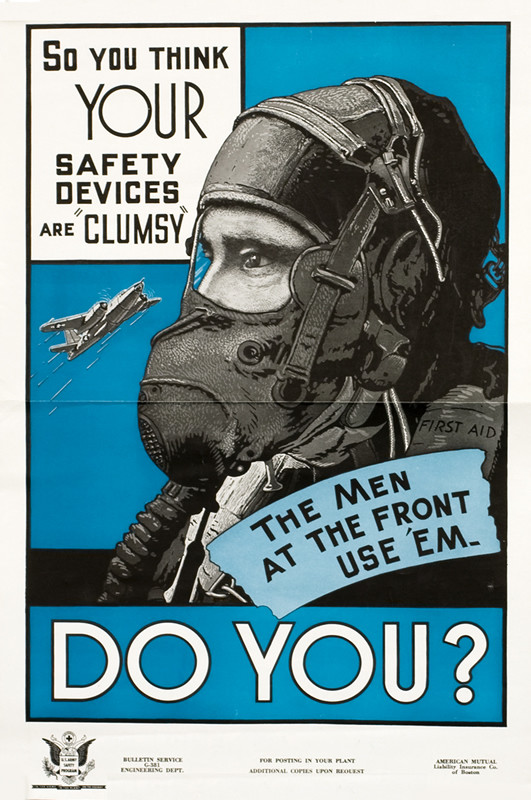 Closeup of pilot wearing gasmask, fighter jet behind him; blue, black, white