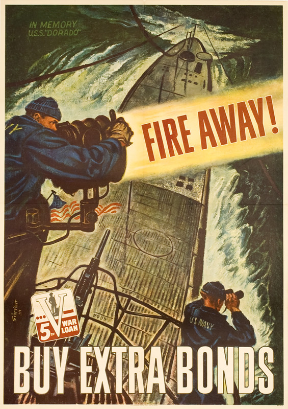 Night scene at sea, submarine sailors fire away; green, blue, yellow