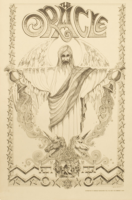 Oracle figure holding urns with unicorns below; black, white