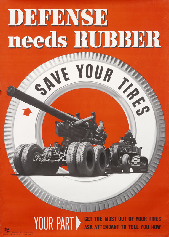 tire encircles military tanks with guns; red, black, white