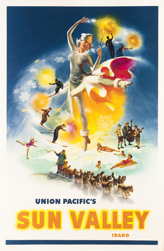 Dancing fairy woman surrounded by skiiers, dog sledding, sunbathers, men playing instruments; blue, orange, yellow