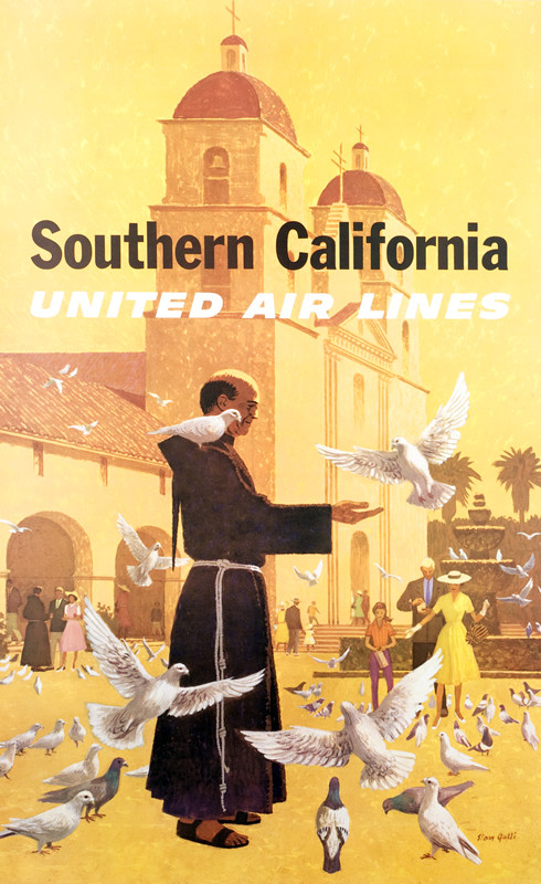 Monk outside southwestern style church with doves, crowd; yellow, brown